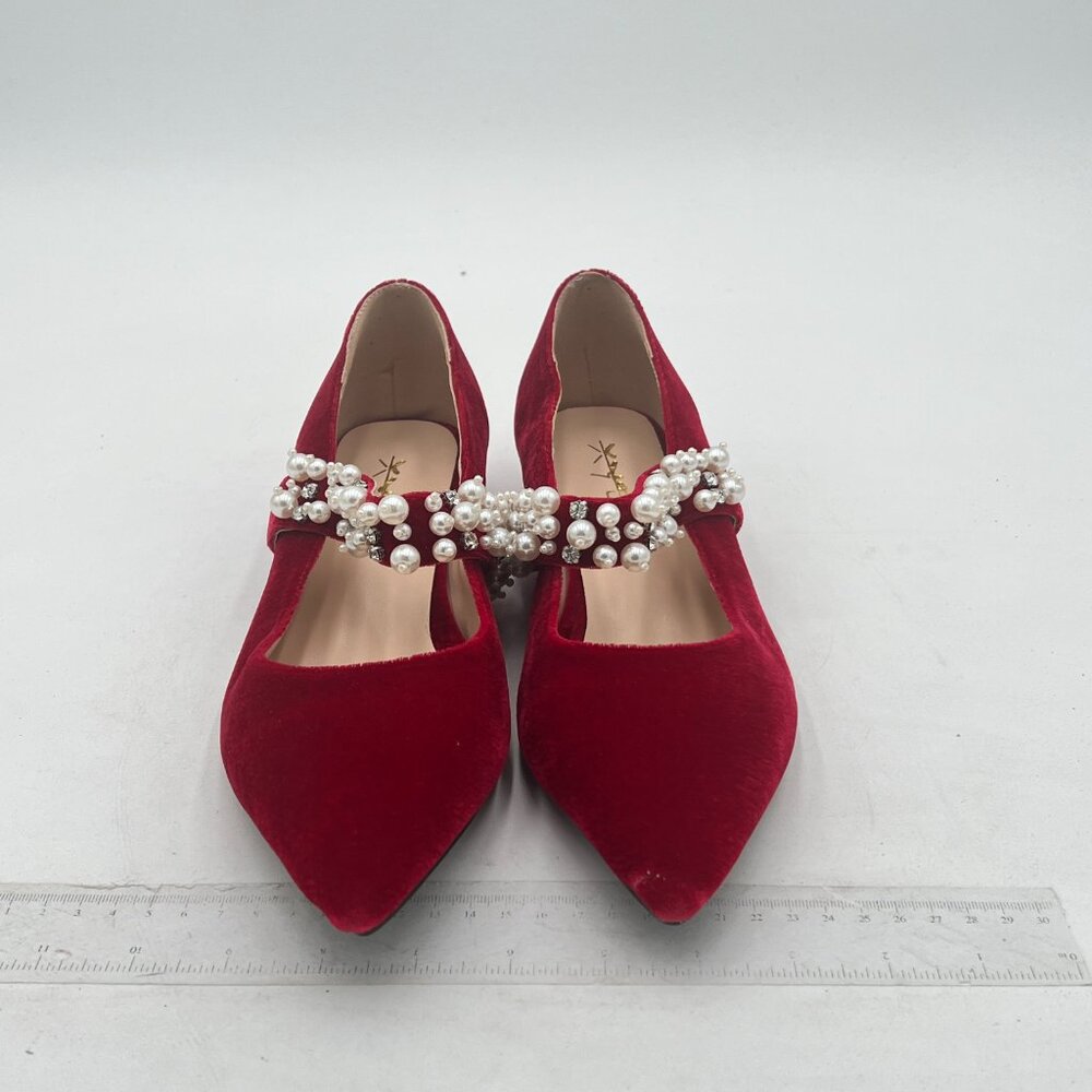 XYD Burgundy Pointed Toe Velvet Pearl Strap Beaded Mary Janes Dress Shoes - Picture 3 of 8